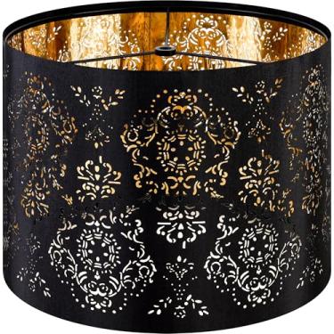 Imagem de GO&SO Abajur de tambor preto 33 cm - Abajur industrial de tecido de linho, corte a laser, design floral, abajures de substituição de barril para candeeiros de mesa, para lâmpadas de chão, montagem