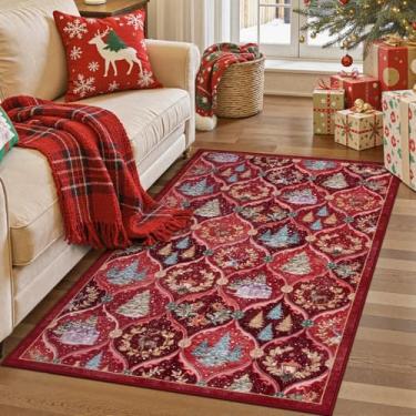 Imagem de Lahome Tapete de Natal de treliça marroquina, tapetes de Natal laváveis 8 x 12 cm, tapete de quarto ultrafino, tapete de Natal vermelho, antiderrapante, tapete macio para sala de estar, entrada