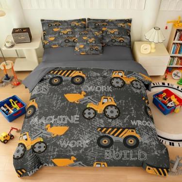 Imagem de Jogo de cama Queen com 6 peças, caminhão, carros, escavadeira, trator, cinza escuro, microfibra macia (1 edredom, 1 lençol de cima, 1 lençol com elástico, 2 fronhas e 1 fronha)