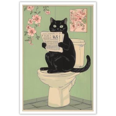 Imagem de Arte engraçada de parede de gato preto para banheiro lendo jornal em tela de vaso sanitário pôsteres com estampas de animais fofos pintura amante menina casa quarto decoração estética 30,5 x 40,6 cm