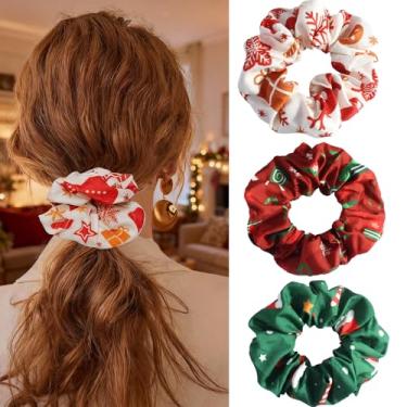 Imagem de 3 peças de laços de cabelo de Natal elásticos de veludo elásticos para rabo de cavalo, lantejoulas vermelhas de Natal, cordas de cabelo para mulheres, meninas, acessórios de cabelo de Natal (três