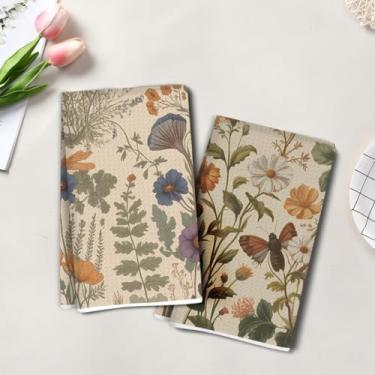 Imagem de 2 peças de toalhas de cozinha artísticas de borboleta vintage, toalha de mão de chá super absorvente de flores, panos de prato de microfibra para secar pratos, toalhas de prato waffle para cozinha
