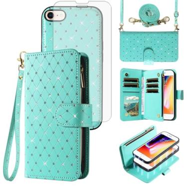 Imagem de Capa carteira compatível com iPhone 7/8/SE 2020/2022 com zíper para celular e película protetora de tela com glitter flip para iPhone7 iPhone8 7s 8s i SE2020 SE2022 2/2nd/3/3rd mulheres meninas verde