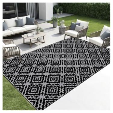 Imagem de SPXMQSS Tapete de área externa varanda tapete externo de plástico impermeável reversível para acampamento deck varanda praia jardim preto 122 x 183 cm