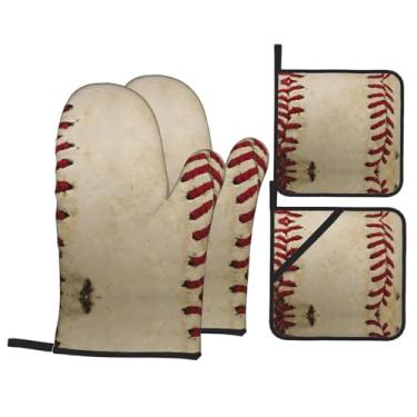 Imagem de Bolas de beisebol - Conjunto de luvas de cozinha estampadas com suportes de tampa, luvas de forno resistentes ao calor para lidar com panelas quentes, grelhar, churrascos, kit de 4 peças.