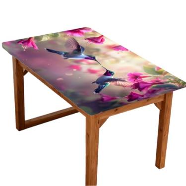 Imagem de oooJHooo Toalha de mesa retangular com borda elástica para 1,2 m, toalha de mesa de piquenique com flor de beija-flor de primavera, à prova de vento, à prova d'água, lavável para jantar, acampamento