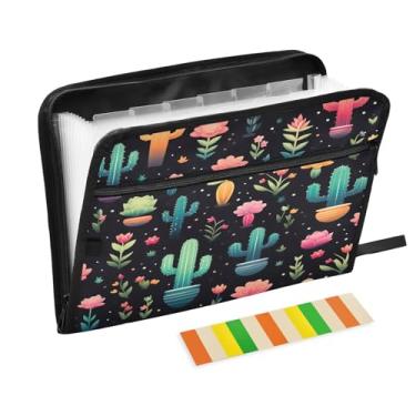 Imagem de Wassud Pasta organizadora de arquivos de papel A4 com estampa de cacto, pasta organizadora de documentos com etiquetas, pasta de arquivos expansível, 13 bolsos