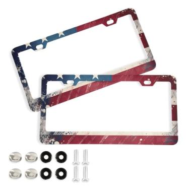 Imagem de CEBUGI Pacote com 2 molduras de placa de carro de alumínio capas de moldura de placa de carro com 2 furos bandeira vintage acessórios automotivos para placas dianteiras e traseiras orifício elíptico