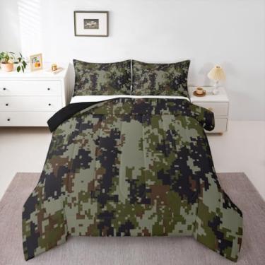 Imagem de Feelyou Jogo de cama queen com estampa de camuflagem, camuflagem, casa de fazenda, para crianças, meninos, meninas, quarto, cabana ou chalé rústico, verde escuro, microfibra preta, ultramacia