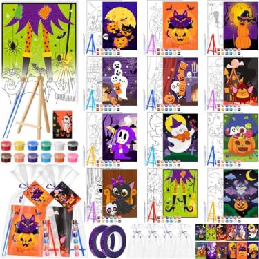 Imagem de Dispowreath 12 conjuntos de telas pré-desenhadas de Halloween para pintar conjuntos de presentes de 12,7 x 17,8 cm, tela pré-impressa de abóbora com painéis de contorno de cartões comemorativos a