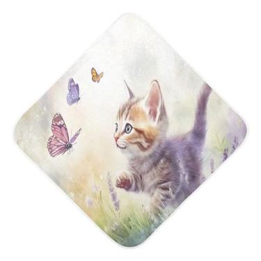 Imagem de Burbuja Toalha de banho de bebê gatinho perseguindo borboletas em lavanda - Toalha com capuz de musselina macia e absorvente para recém-nascidos, 76 x 76 cm