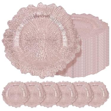 Imagem de 24 peças de placas carregadoras de ouro rosa a granel placas de carregamento de plástico de 33 cm para prato de jantar, carregadores de ouro rosa para mesa, placa de design de recife, carregadores
