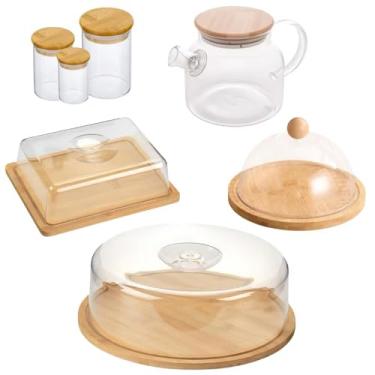 Imagem de Kit Bambu Premium, Conjunto Mesa Posta com Jarra 1L, Boleira 28cm, Porta Frios, Queijeira, 3 Potes de Vidro com Tampa, Coleção Elegante para Cozinha