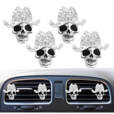 Imagem de 4 peças de clipes de ventilação de carro de caveira de cowboy brilhante, clipe de saída de ar condicionado de cristal strass, pingente difusor de purificador de ar, acessório de decoração de