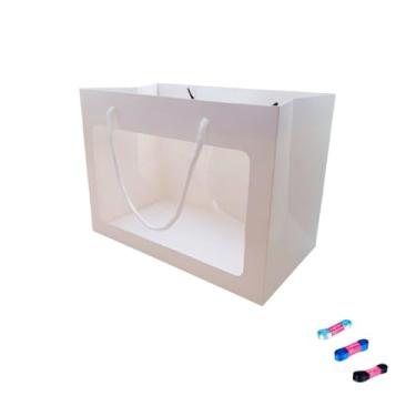 Imagem de Kit Sacola Branca com Visor 24x12x31 cm e Fita de Cetim 15mm x 10 metros