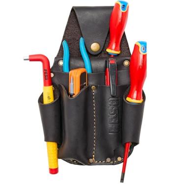 Imagem de FESA Bolsa de ferramentas de couro para eletricista – Bolsa de ferramentas com clipe e bolso para medidor de tensão e 5 outros compartimentos – Fácil de colocar e tirar – Cabe em cintos de até 7,6 cm