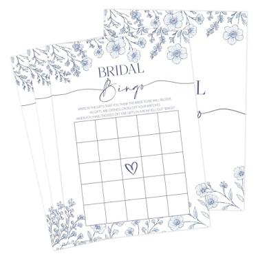 Imagem de Something Blue Before I Do Bridal Shower Games, Jogo de bingo de chá de panela floral azul com quadrados em branco para 30 convidados com cartas de jogo, decoração de chá de panela, suprimentos de