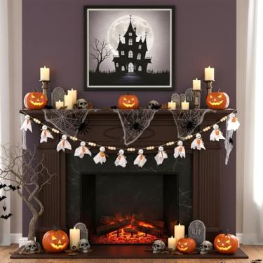 Imagem de Linda faixa fantasma de Halloween – Guirlanda rústica feita à mão com contas de madeira para parede, varanda, decoração interna e externa (abóbora)