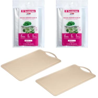 Imagem de Conjunto de 2 Tábua Bege Plástica de Corte para Alimentos + 2 Saco Hermetico Transparente 1 Litro