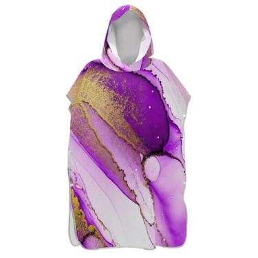 Imagem de Poncho de surf abstrato roxo dourado trocador para adultos toalha de natação com capuz plus size poncho masculino com capuz