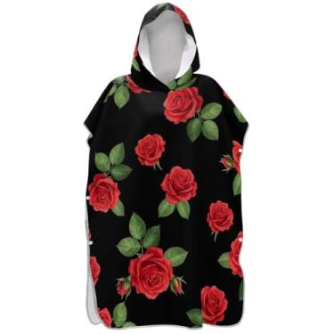 Imagem de Joisal Roupão trocador de poncho de surfe com folhas verdes rosa vermelha para homens ponchos de praia vestíveis para homens toalha de banho com capuz