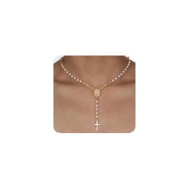 Imagem de Colar feminino delicado com contas de cruz de Virgem Maria e ouro vintage, rosário branco, pingente de pérola, joia de pescoço, Large, Liga de aço, Sem Pedra Preciosa