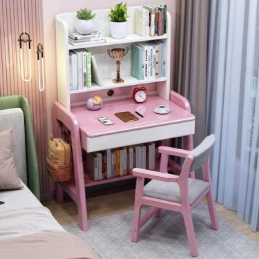 Imagem de HGTRH Mesa de estudo para adultos/estudantes, escrivaninha com gavetas e cabana, mesa de computador de madeira de carvalho maciça para escritório doméstico em pequenos espaços, com estante e gaveta