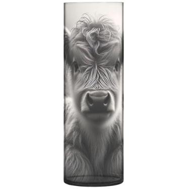 Imagem de Lindo vaso de mesa cilíndrico cinza vaca Highland para mesa vaso redondo bonito impressão personalizada decoração de casa sala de estar, 30 cm x 9,9 cm