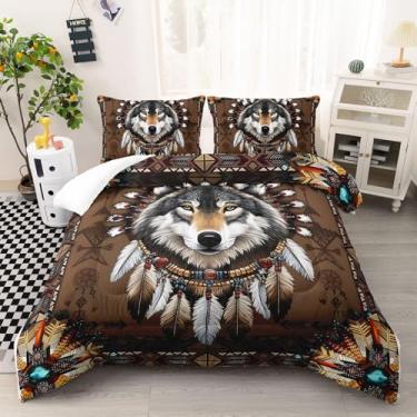 Imagem de AILONEN Conjunto de edredom Queen com cabeça de lobo, 3 peças, boêmio para decoração de quarto, conjunto de edredom animal do sudoeste, 1 colcha com 2 fronhas, macio e respirável