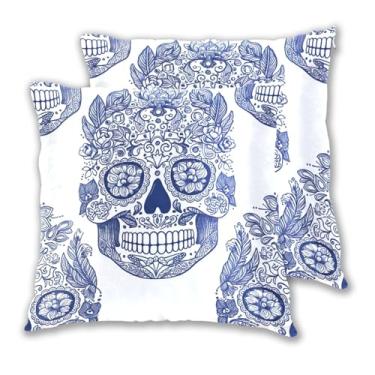 Imagem de Joitme Conjunto de 2 capas de almofadas florais de caveira branca azul marinho com 2 fronhas decorativas fofas para sofá, 50 x 50 cm, 2 peças