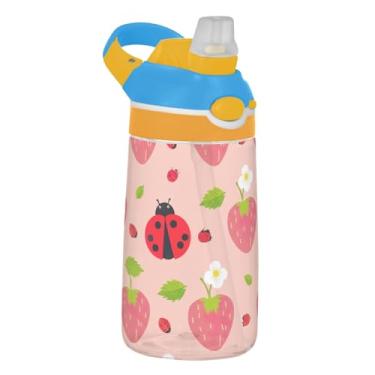 Imagem de Garrafa de água infantil de desenho animado Pink Ladybugs Morangos 473 ml Garrafa de água de plástico portátil com tampa de canudo 473 ml Copo reutilizável para crianças à prova de vazamento, alça de