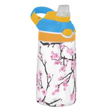 Imagem de Garrafa de água infantil de 473 ml, à prova de vazamento, 473 ml, garrafa de água de plástico Tritan com canudo, copos de viagem reutilizáveis portáteis para crianças, alça de transporte, flor de