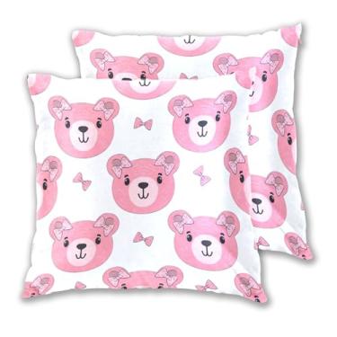 Imagem de Joitme Conjunto de 2 capas de almofadas de desenho animado de cabeças de urso fofas cor-de-rosa, para sofá, decoração de casa, sala de estar, 40,6 x 40,6 cm, 2 peças