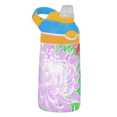 Imagem de Garrafa de água infantil com flores de crisântemo roxo para escola, 473 ml, 473 ml, garrafa de água esportiva Tritan com canudo, copos de viagem portáteis para crianças, à prova de vazamento, alça de