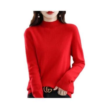 Imagem de Suéter Feminino De Lã 100% Pura Com Gola Alta, Pulôver De Cashmere Cas