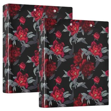 Imagem de Fichários pretos personalizados de peônias vermelhas e folhas verdes de 3 cm, 3 anéis, 200 folhas, pastas, anel redondo, fichário resistente, 31,5 x 27 x 6 cm, 1 pacote