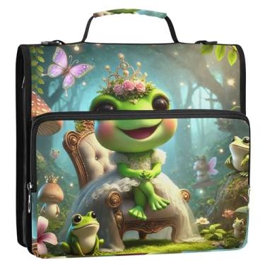 Imagem de Organizador básico de fichário com zíper com 3 argolas de 3,8 cm, anel D, sapo, princesa, fofo, pasta de armazenamento com alça para fichários escolares com alça de ombro