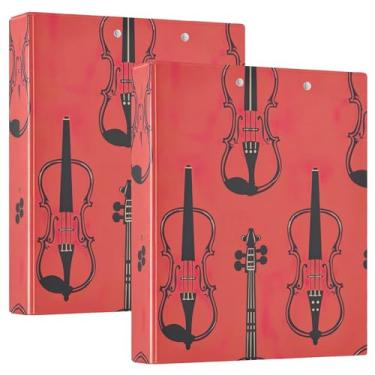 Imagem de Fichários de 3 anéis com estampa vermelha de música de violino, 3 polegadas, comporta 200 folhas, pastas de portfólio fofas, anel redondo, 31,5 x 27 x 6 cm, pacote com 2