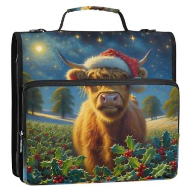 Imagem de Fichário rosa de 3,8 cm com 3 anéis, anel D fofo, vaca highland natal, azevinho, zíper e zíper, estojo de armazenamento com alça para fichários escolares com alça de ombro