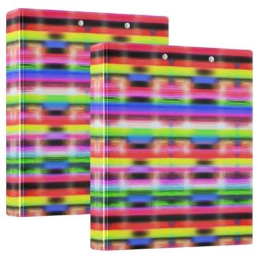 Imagem de Fichários coloridos personalizados de 3,8 cm com listras neon 3 anéis, 200 folhas, anel redondo fofo, fichário resistente, 31,5 x 27 x 6 cm, pacote com 2