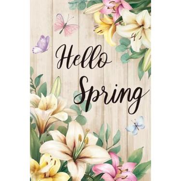 Imagem de Heyfibro Hello Spring Flower Floral Garden Flag 12x18 Serapilheira Dupla Face, Aquarela Lírio Borboleta Banner de Quintal para Decoração de Exterior de Verão Sazonal Rústico Fundo de Madeira (APENAS