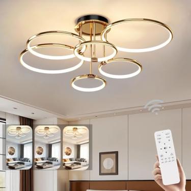 Imagem de Luminária de teto LED dourada, pendente redonda moderna com acabamento eletroplaqueado, luminária de teto regulável com controle remoto, luminárias de teto para quarto, sala de estar, cozinh