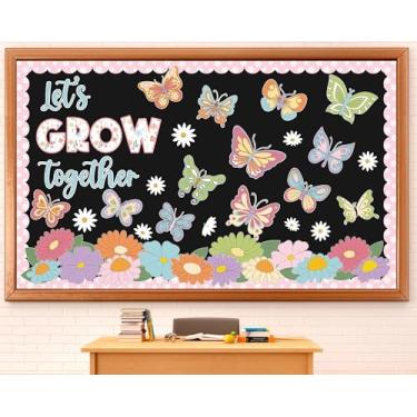 Imagem de Decoração de quadro de avisos de primavera Vamos crescer juntos, conjunto de quadro de avisos com recortes de flores de borboleta de primavera, decoração floral colorida para escola, sala de aula