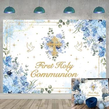 Imagem de Pano de fundo First Holy Communion para meninos, God Bless, azul, floral, glitter, decoração de festa de batizado, faixa para decoração de chá de bebê recém-nascido (azul, 208 x 149 cm (7 x 5 pés))