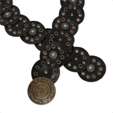 Imagem de Cinto Boho Chique Classico Country Feminino Redondo Rebite de Flor Moderno Fivela Metal Ouro Velho-Feminino