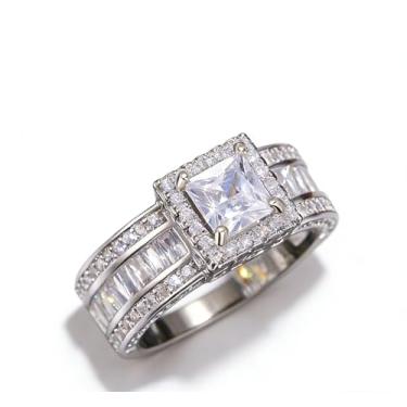 Imagem de Anéis de zircônia cúbica branca folheados a prata, várias fileiras, anel de noivado eternidade, aliança de casamento para mulheres, festa, aniversário, joia presente, Metal, Zircônia cúbica