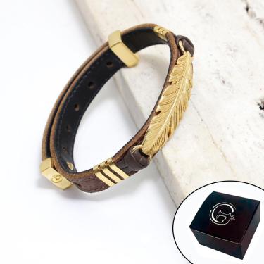 Imagem de Pulseira de Couro Feminina Pena Caramelo Ajustável NE-Unissex