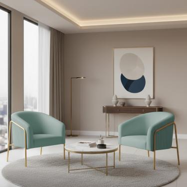 Imagem de Poltrona Sala Decorativa Kit 2 Stella Base Alta Tubo Dourado Veludo Cotelê Menta D03 - D'Rossi