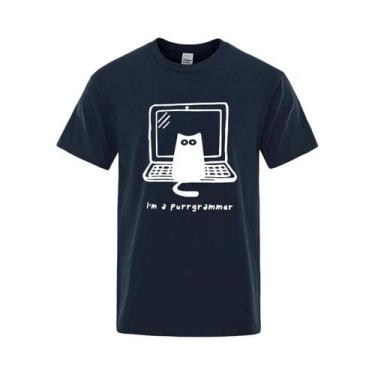 Imagem de Camiseta Masculina Engraçada Com Estampa De Gato Programador, Algodão,