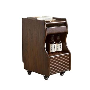 Imagem de Mesa de canto moderna de 2 camadas com rodas, mesa lateral de cabeceira com prateleira de armazenamento e gaveta, mesa lateral de madeira maciça para quarto, sala de estar, entrada, casa de fazenda